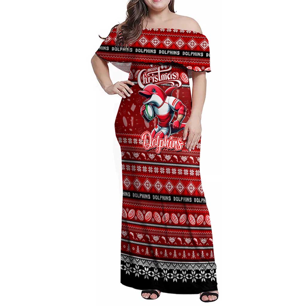 Personalized Dolphins Rugby Xmas Family Matching Off Shoulder Maxi Dress and Hawaiian Shirt Australia NRL Mascot