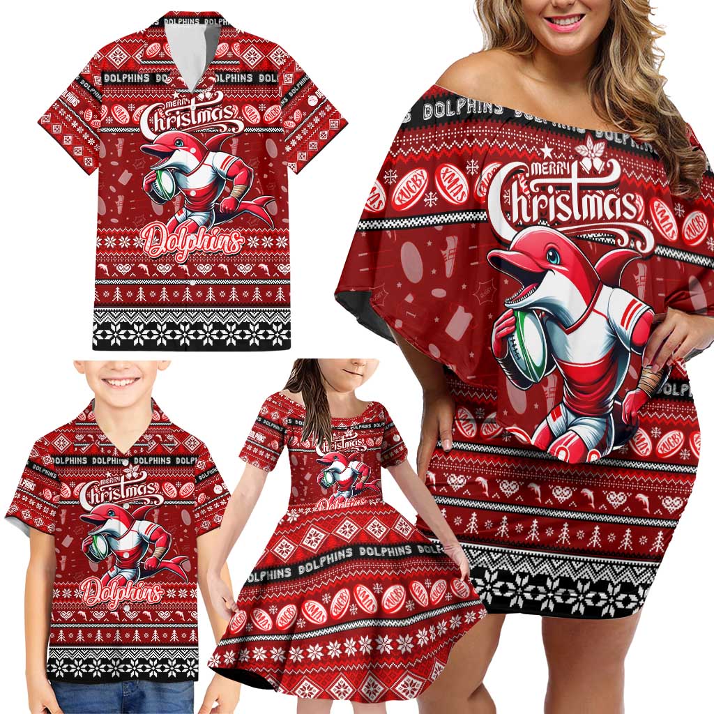 Personalized Dolphins Rugby Xmas Family Matching Off Shoulder Short Dress and Hawaiian Shirt Australia NRL Mascot