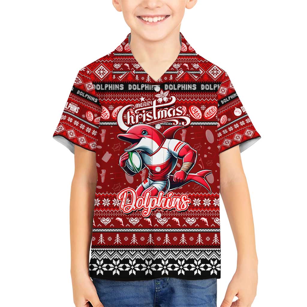 Personalized Dolphins Rugby Xmas Family Matching Off Shoulder Short Dress and Hawaiian Shirt Australia NRL Mascot