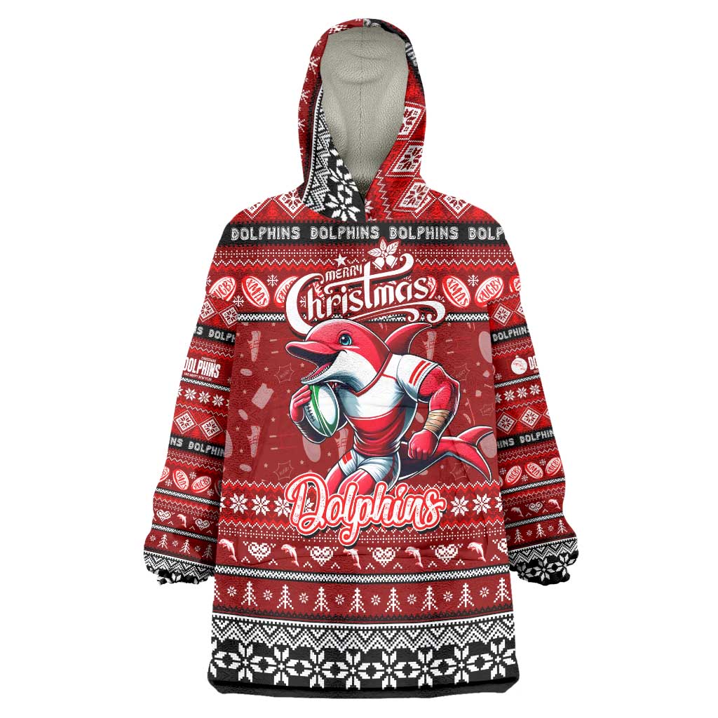 Personalized Dolphins Rugby Xmas Wearable Blanket Hoodie Australia NRL Mascot - Vibe Hoodie Shop