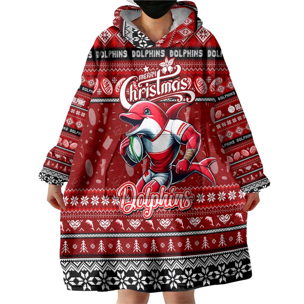 Personalized Dolphins Rugby Xmas Wearable Blanket Hoodie Australia NRL Mascot - Vibe Hoodie Shop