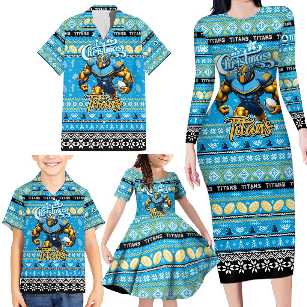 Personalized Titans Rugby Xmas Family Matching Long Sleeve Bodycon Dress and Hawaiian Shirt Australia NRL Mascot