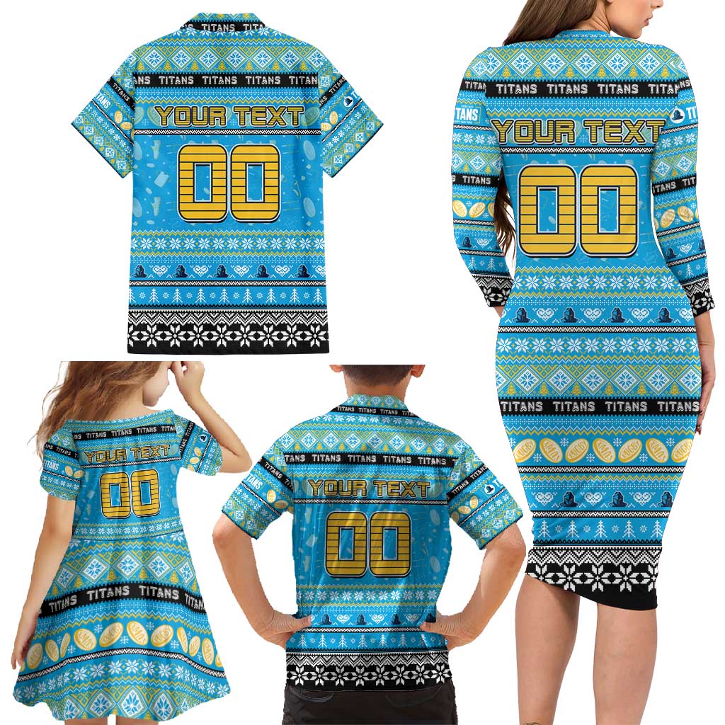 Personalized Titans Rugby Xmas Family Matching Long Sleeve Bodycon Dress and Hawaiian Shirt Australia NRL Mascot