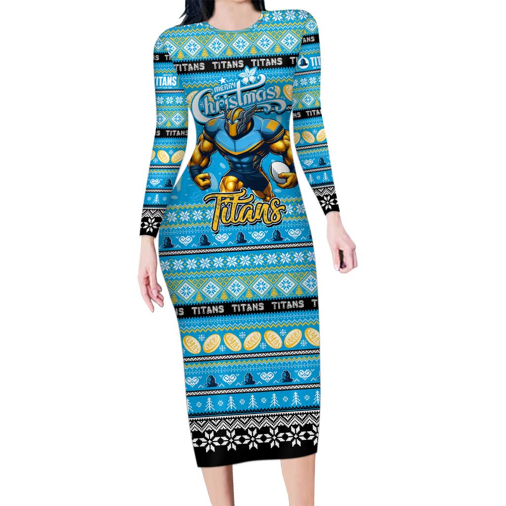 Personalized Titans Rugby Xmas Family Matching Long Sleeve Bodycon Dress and Hawaiian Shirt Australia NRL Mascot
