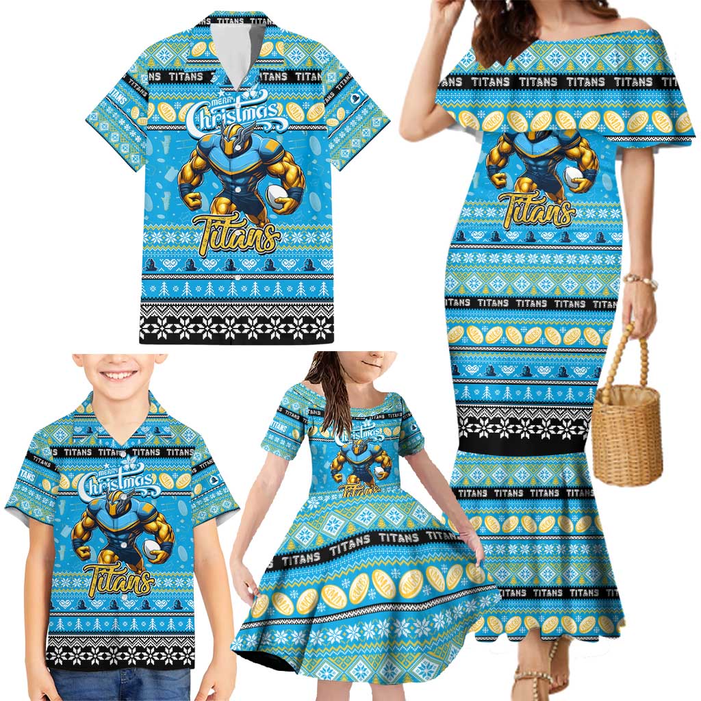 Personalized Titans Rugby Xmas Family Matching Mermaid Dress and Hawaiian Shirt Australia NRL Mascot