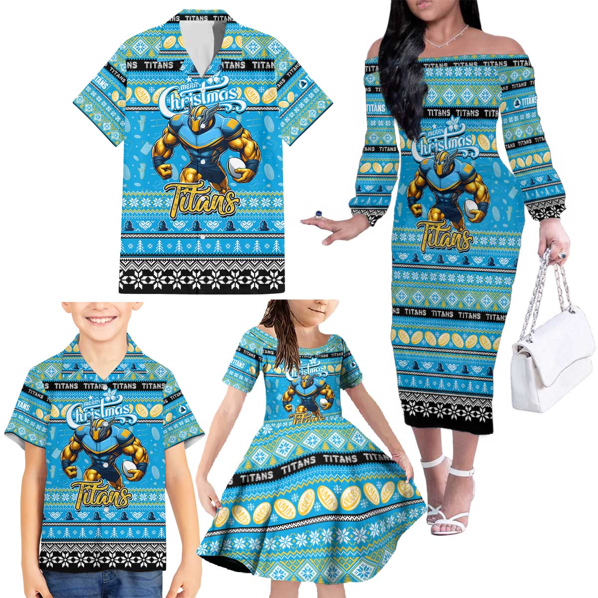 Personalized Titans Rugby Xmas Family Matching Off The Shoulder Long Sleeve Dress and Hawaiian Shirt Australia NRL Mascot