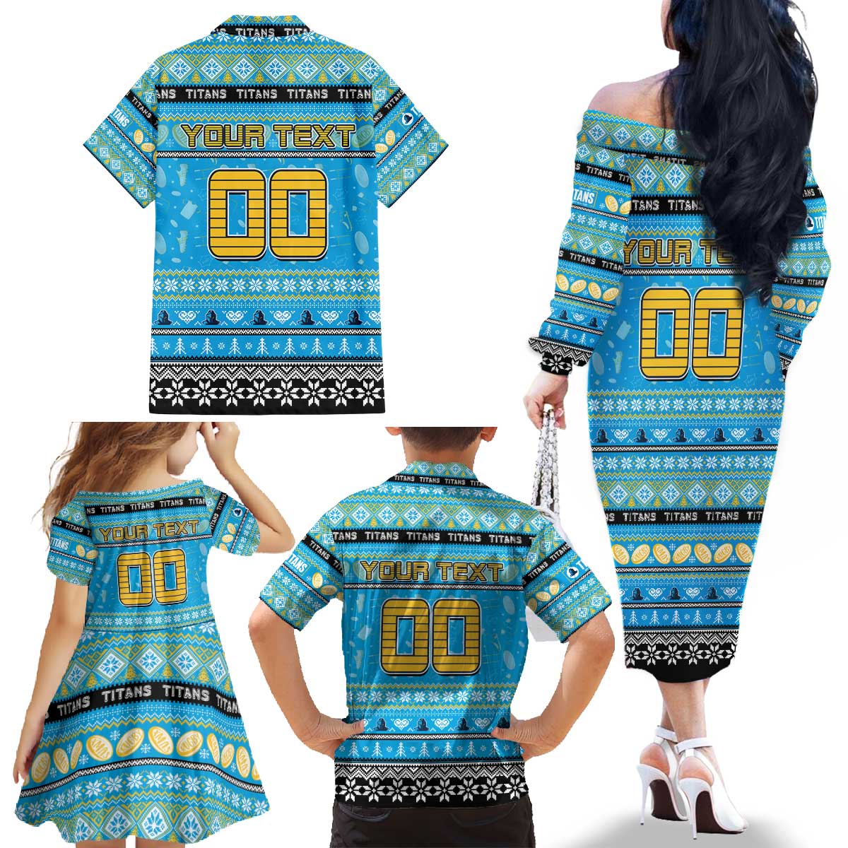 Personalized Titans Rugby Xmas Family Matching Off The Shoulder Long Sleeve Dress and Hawaiian Shirt Australia NRL Mascot