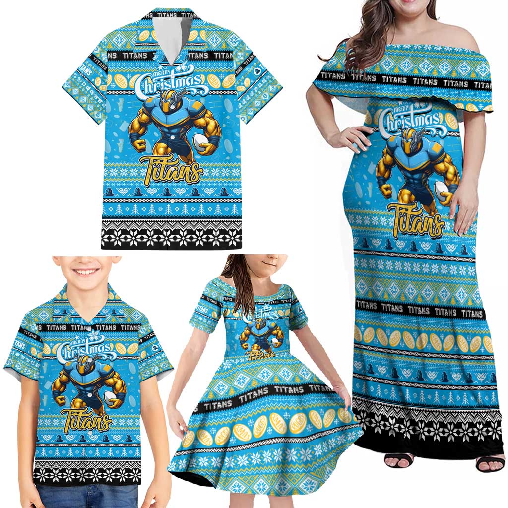 Personalized Titans Rugby Xmas Family Matching Off Shoulder Maxi Dress and Hawaiian Shirt Australia NRL Mascot