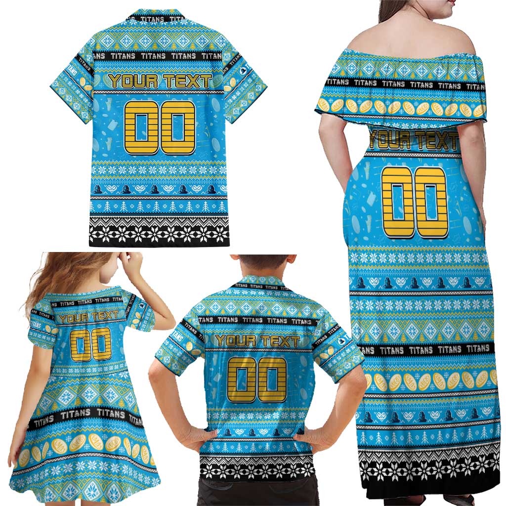 Personalized Titans Rugby Xmas Family Matching Off Shoulder Maxi Dress and Hawaiian Shirt Australia NRL Mascot