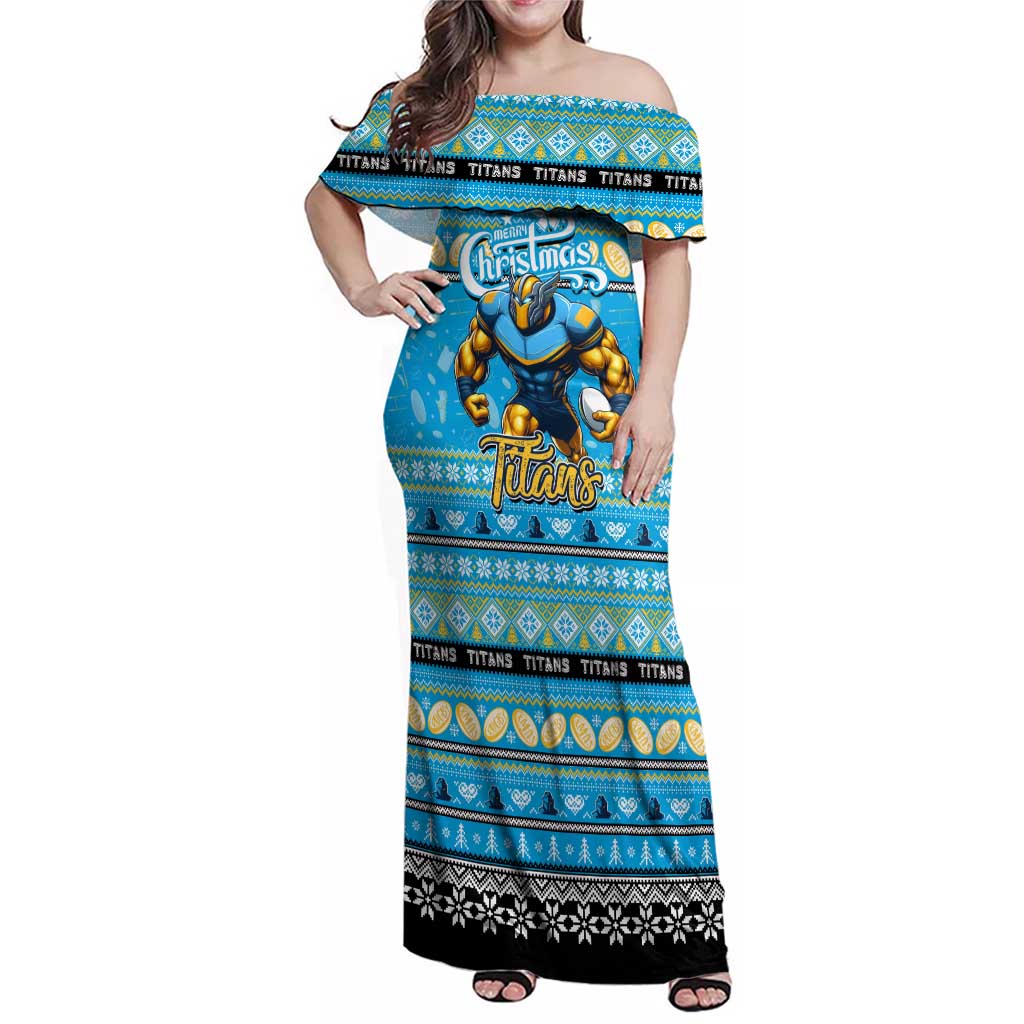 Personalized Titans Rugby Xmas Family Matching Off Shoulder Maxi Dress and Hawaiian Shirt Australia NRL Mascot
