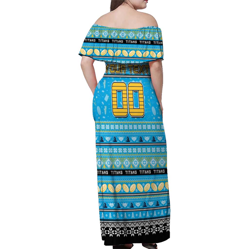 Personalized Titans Rugby Xmas Family Matching Off Shoulder Maxi Dress and Hawaiian Shirt Australia NRL Mascot