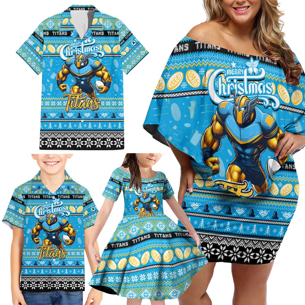 Personalized Titans Rugby Xmas Family Matching Off Shoulder Short Dress and Hawaiian Shirt Australia NRL Mascot