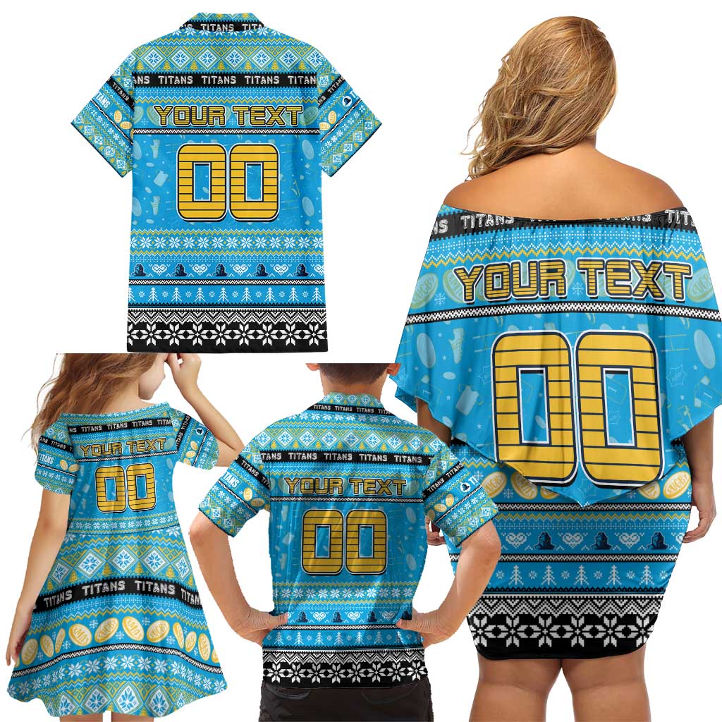 Personalized Titans Rugby Xmas Family Matching Off Shoulder Short Dress and Hawaiian Shirt Australia NRL Mascot