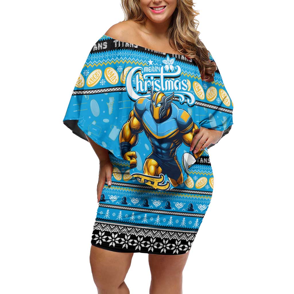 Personalized Titans Rugby Xmas Family Matching Off Shoulder Short Dress and Hawaiian Shirt Australia NRL Mascot