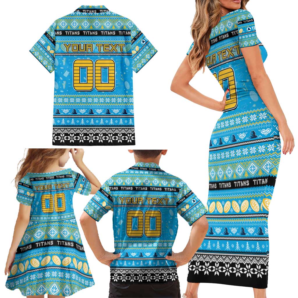 Personalized Titans Rugby Xmas Family Matching Short Sleeve Bodycon Dress and Hawaiian Shirt Australia NRL Mascot