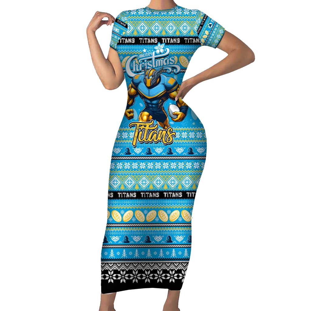 Personalized Titans Rugby Xmas Family Matching Short Sleeve Bodycon Dress and Hawaiian Shirt Australia NRL Mascot
