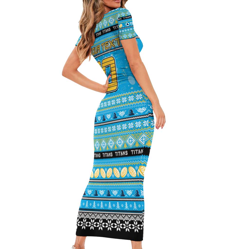 Personalized Titans Rugby Xmas Family Matching Short Sleeve Bodycon Dress and Hawaiian Shirt Australia NRL Mascot