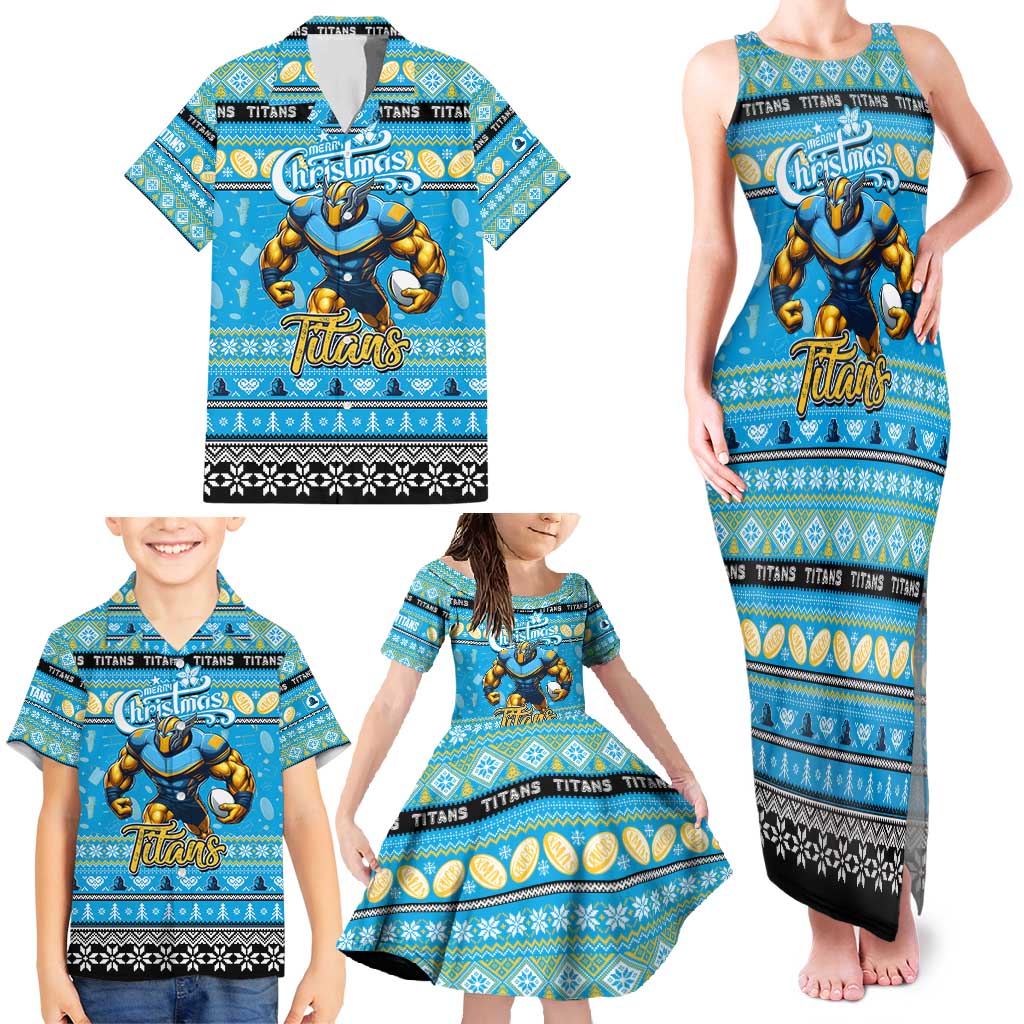 Personalized Titans Rugby Xmas Family Matching Tank Maxi Dress and Hawaiian Shirt Australia NRL Mascot
