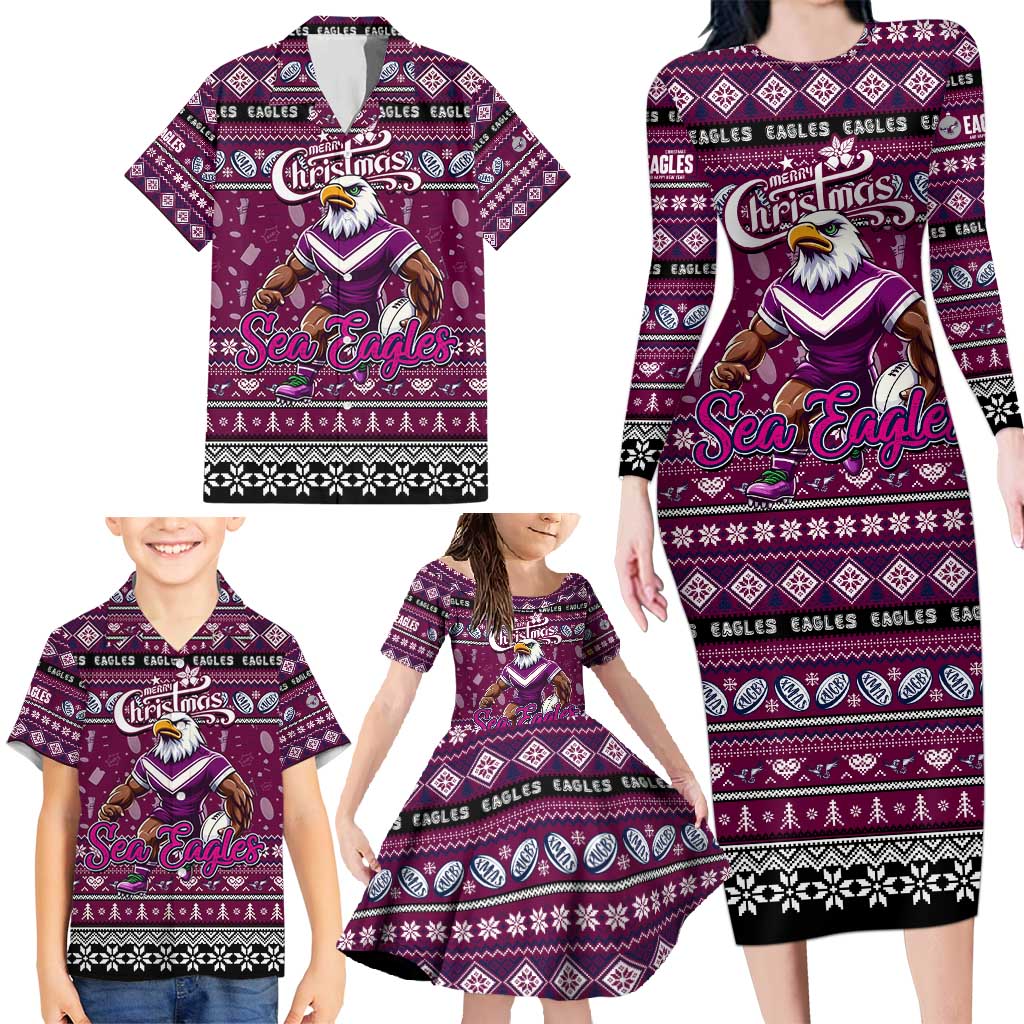 Personalized Sea Eagles Rugby Xmas Family Matching Long Sleeve Bodycon Dress and Hawaiian Shirt Australia NRL Mascot