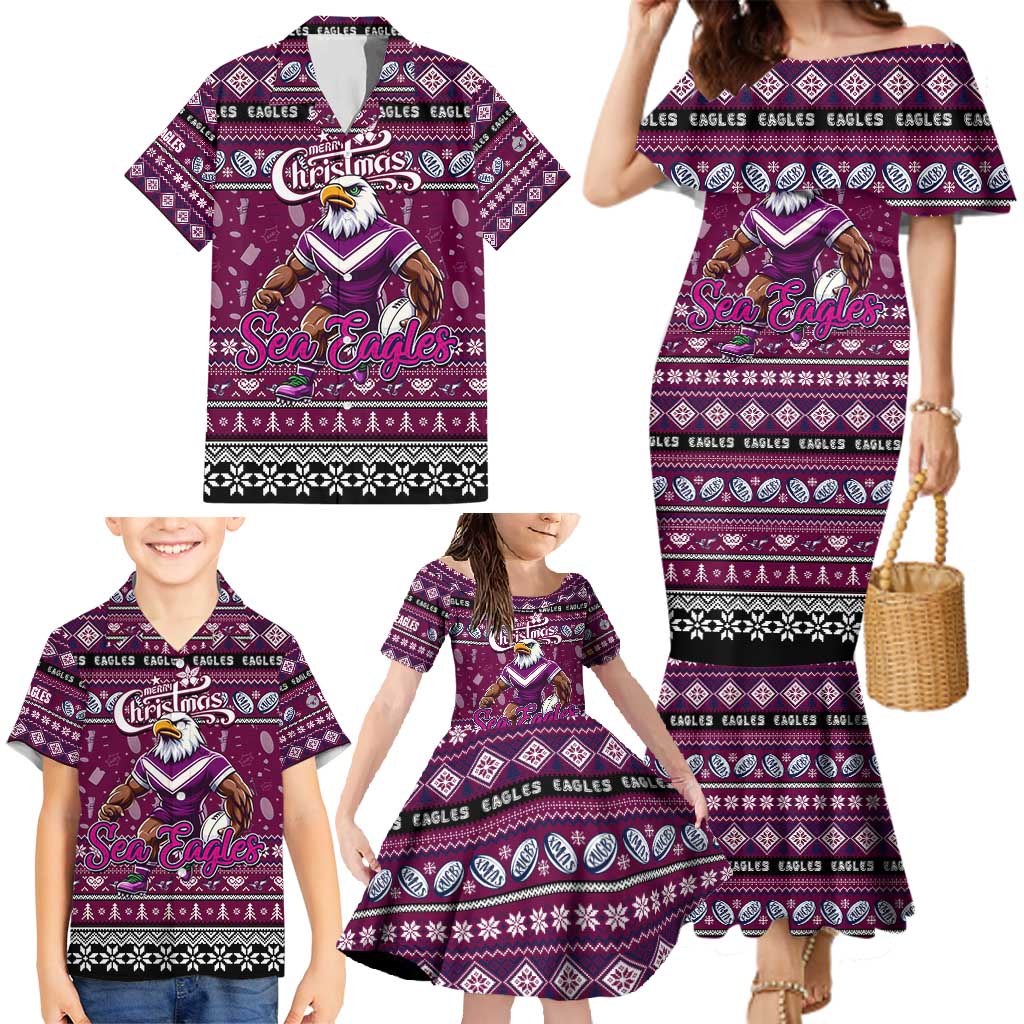 Personalized Sea Eagles Rugby Xmas Family Matching Mermaid Dress and Hawaiian Shirt Australia NRL Mascot