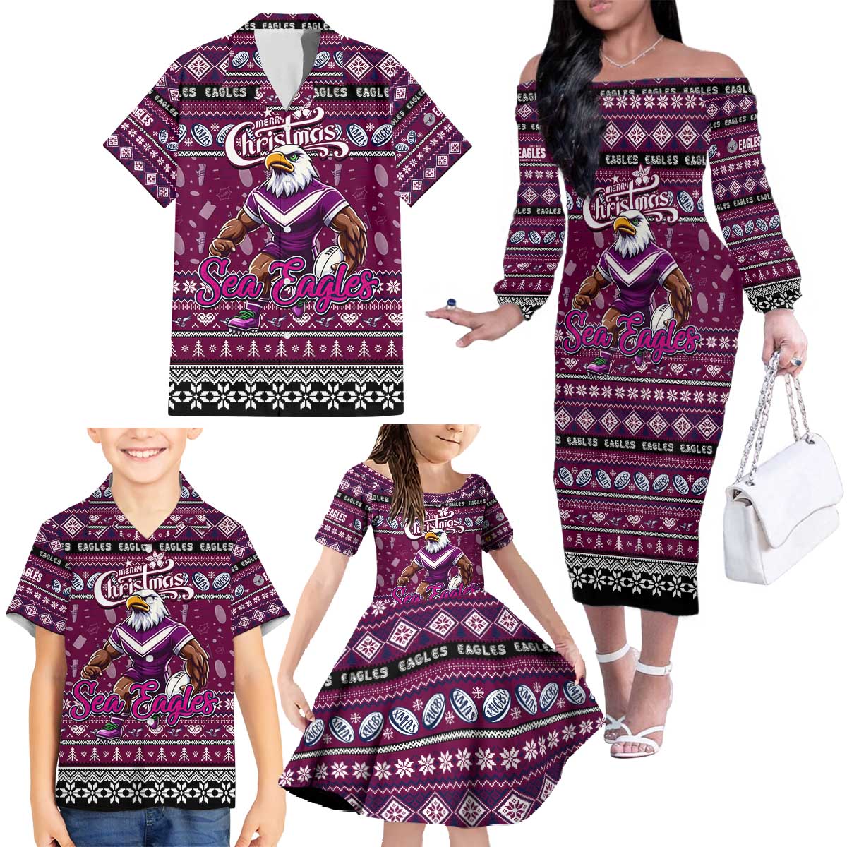 Personalized Sea Eagles Rugby Xmas Family Matching Off The Shoulder Long Sleeve Dress and Hawaiian Shirt Australia NRL Mascot