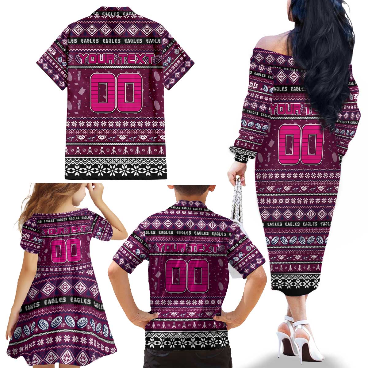 Personalized Sea Eagles Rugby Xmas Family Matching Off The Shoulder Long Sleeve Dress and Hawaiian Shirt Australia NRL Mascot