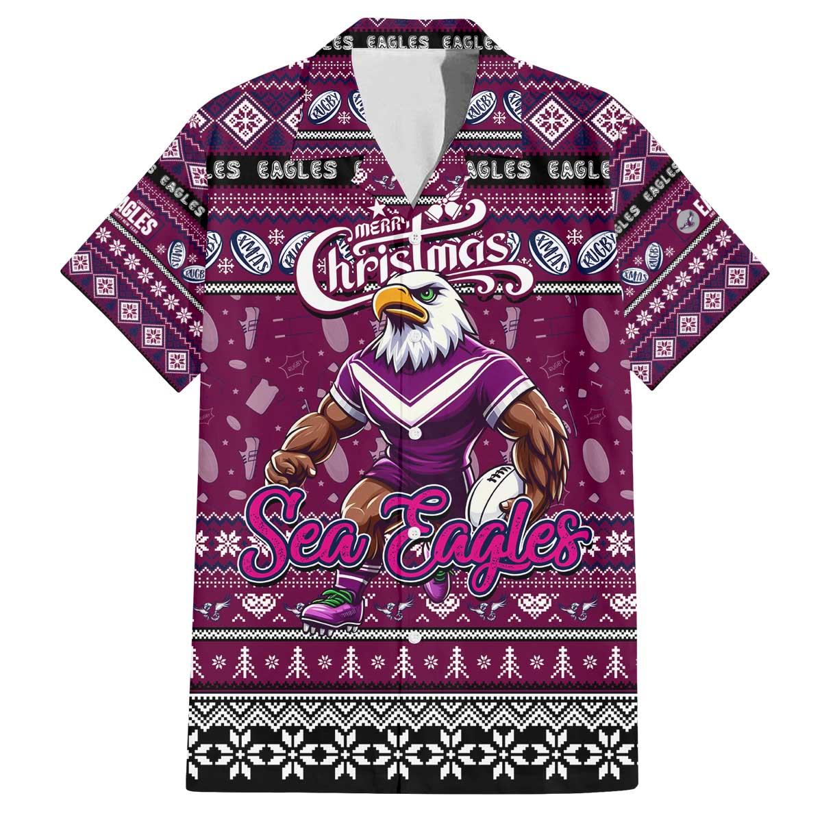 Personalized Sea Eagles Rugby Xmas Family Matching Off The Shoulder Long Sleeve Dress and Hawaiian Shirt Australia NRL Mascot