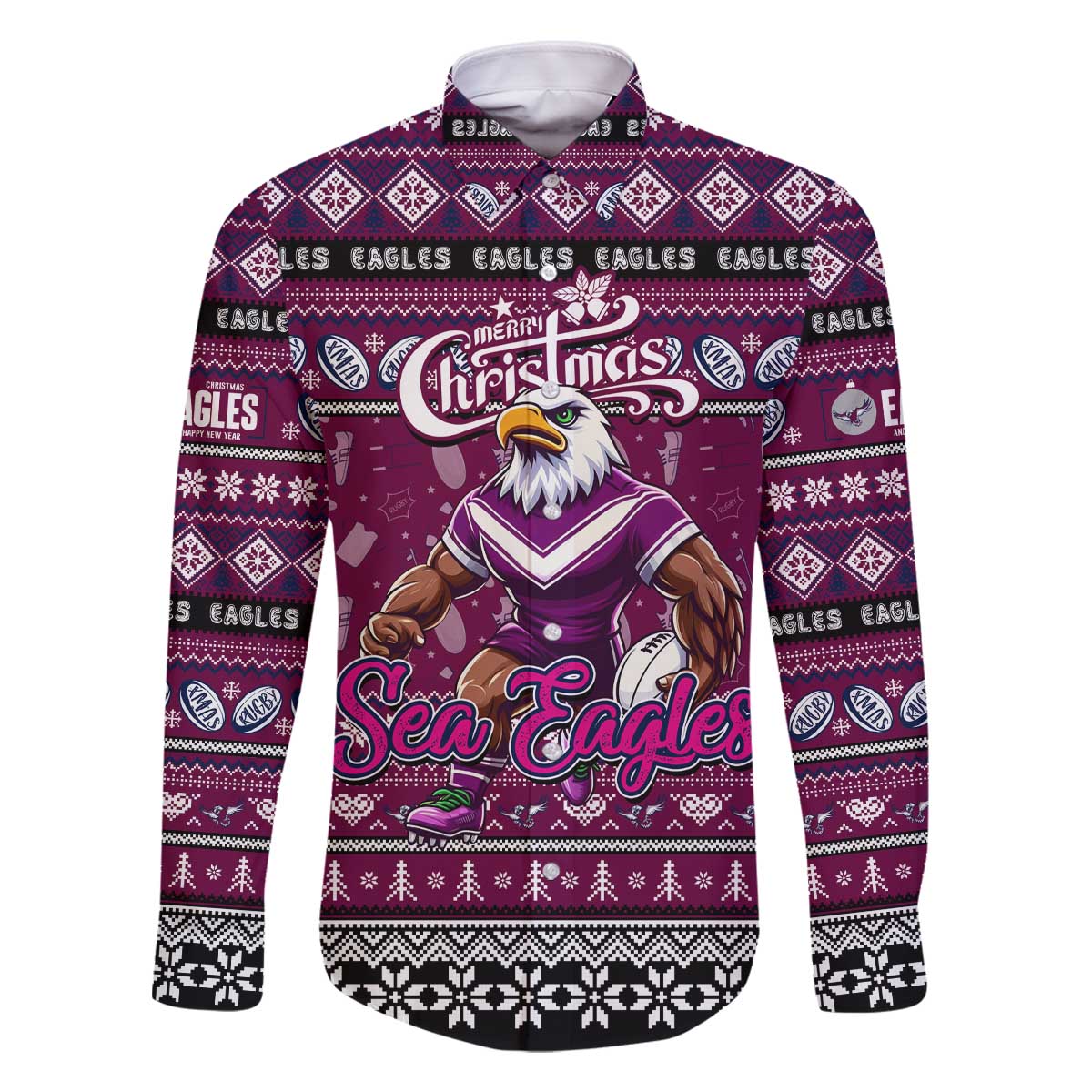Personalized Sea Eagles Rugby Xmas Family Matching Off The Shoulder Long Sleeve Dress and Hawaiian Shirt Australia NRL Mascot