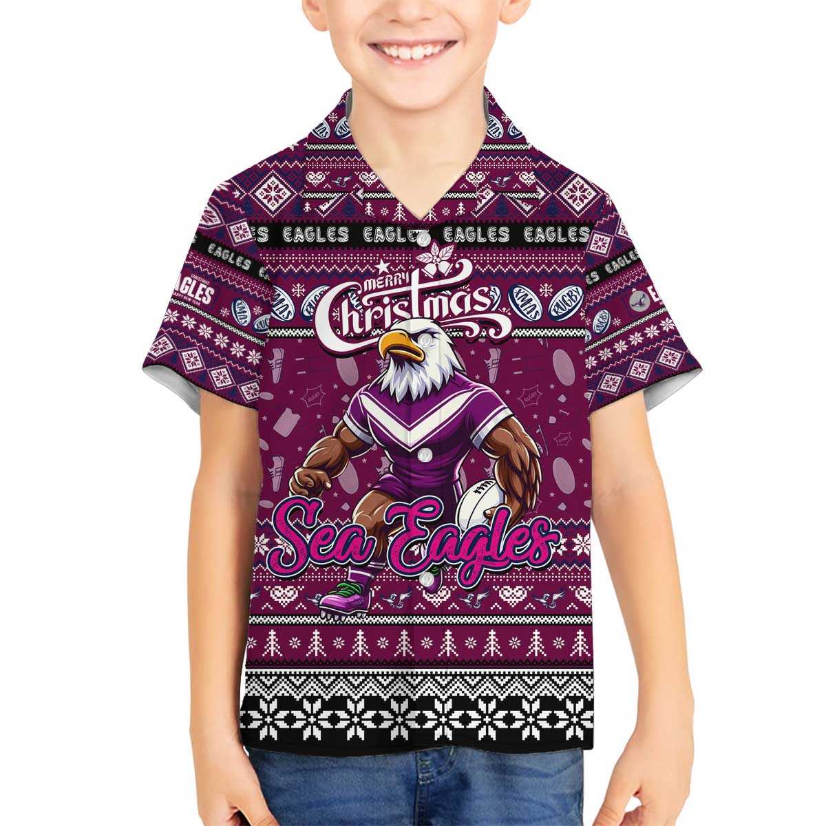Personalized Sea Eagles Rugby Xmas Family Matching Off The Shoulder Long Sleeve Dress and Hawaiian Shirt Australia NRL Mascot