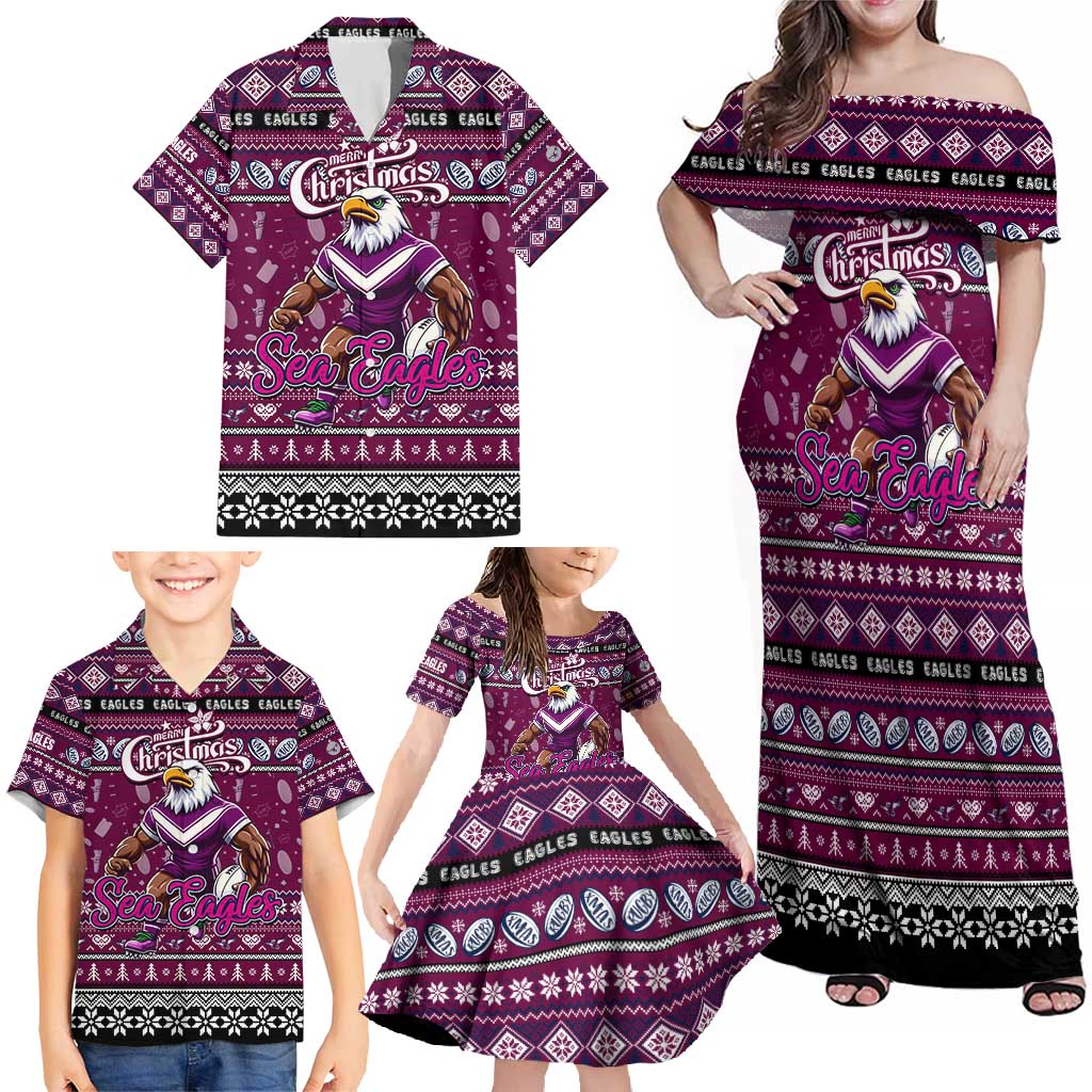 Personalized Sea Eagles Rugby Xmas Family Matching Off Shoulder Maxi Dress and Hawaiian Shirt Australia NRL Mascot