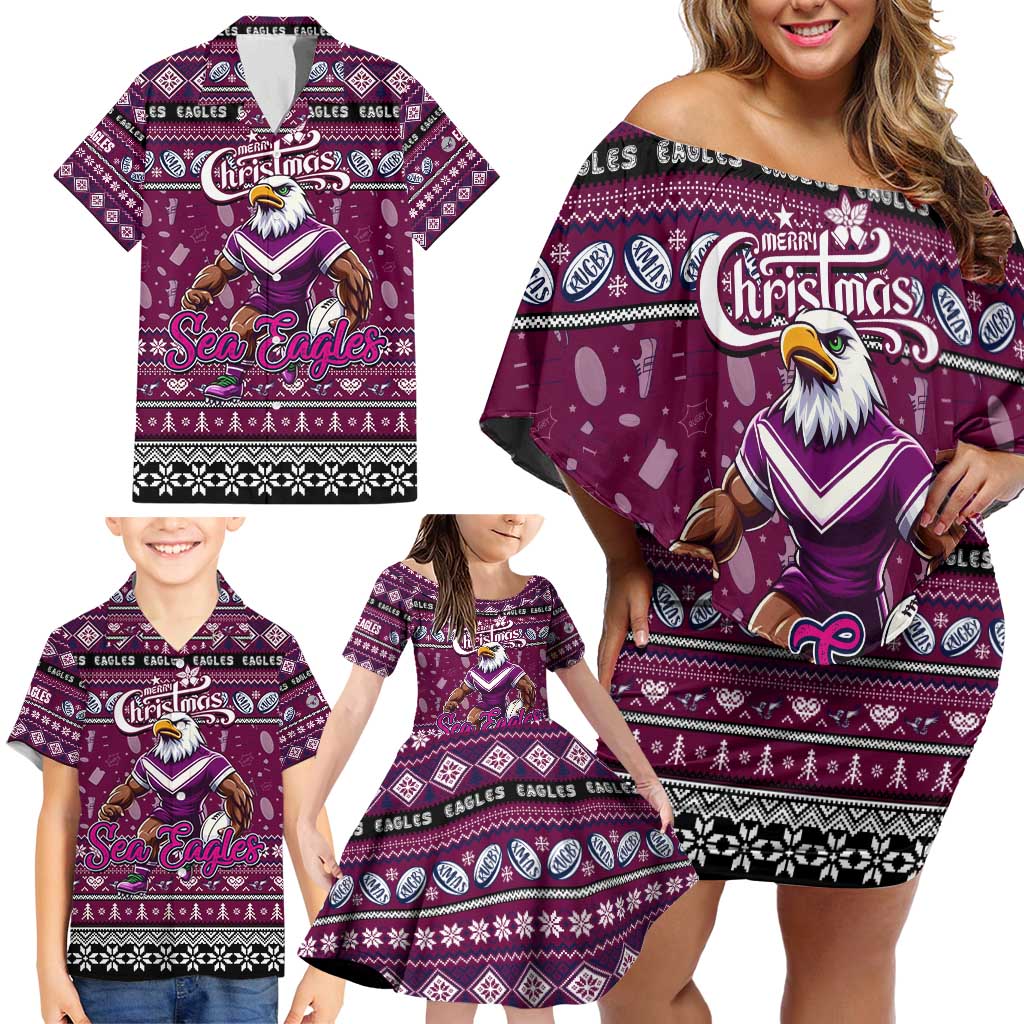 Personalized Sea Eagles Rugby Xmas Family Matching Off Shoulder Short Dress and Hawaiian Shirt Australia NRL Mascot