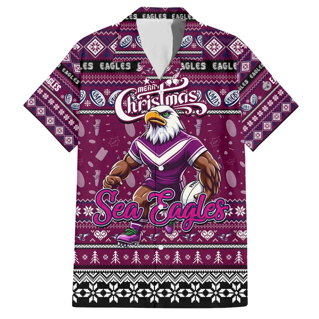 Personalized Sea Eagles Rugby Xmas Family Matching Off Shoulder Short Dress and Hawaiian Shirt Australia NRL Mascot