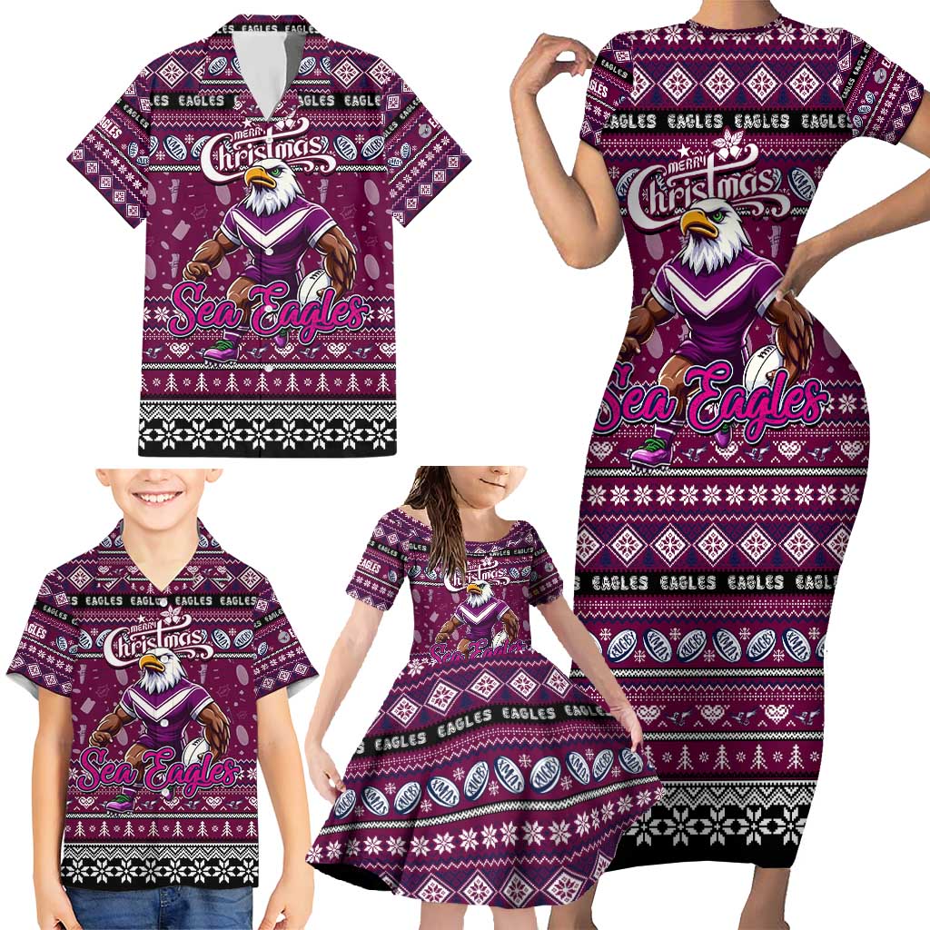 Personalized Sea Eagles Rugby Xmas Family Matching Short Sleeve Bodycon Dress and Hawaiian Shirt Australia NRL Mascot