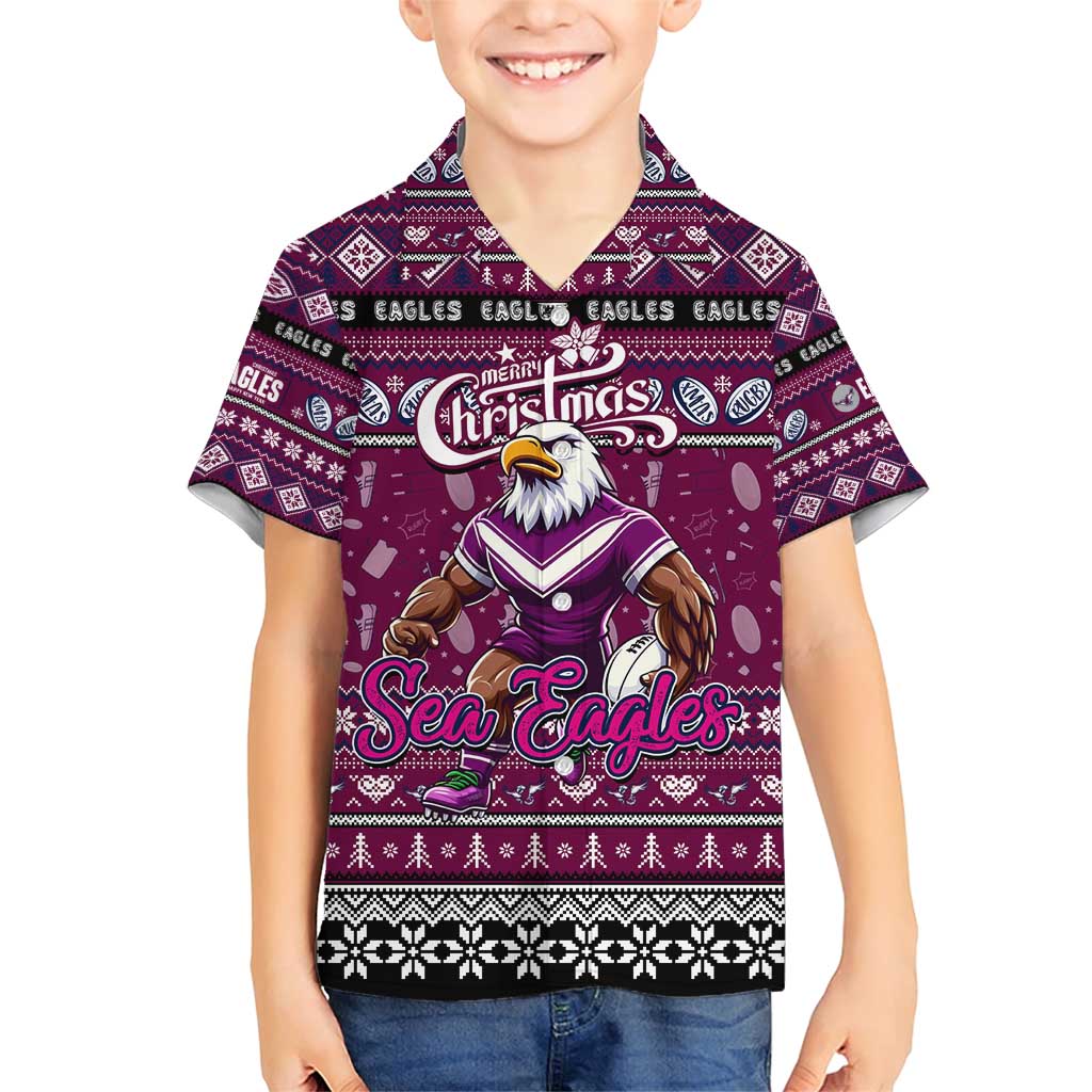 Personalized Sea Eagles Rugby Xmas Family Matching Short Sleeve Bodycon Dress and Hawaiian Shirt Australia NRL Mascot