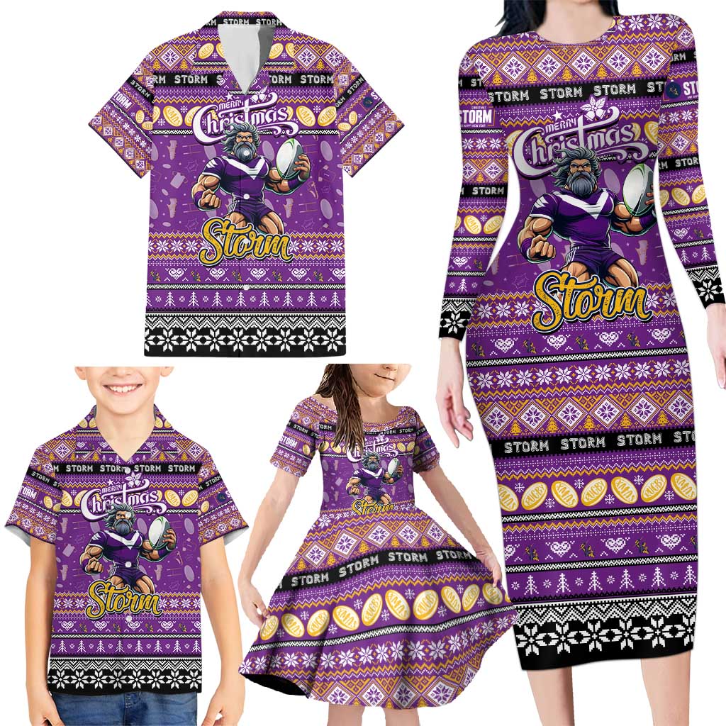 Personalized Storm Rugby Xmas Family Matching Long Sleeve Bodycon Dress and Hawaiian Shirt Australia NRL Mascot