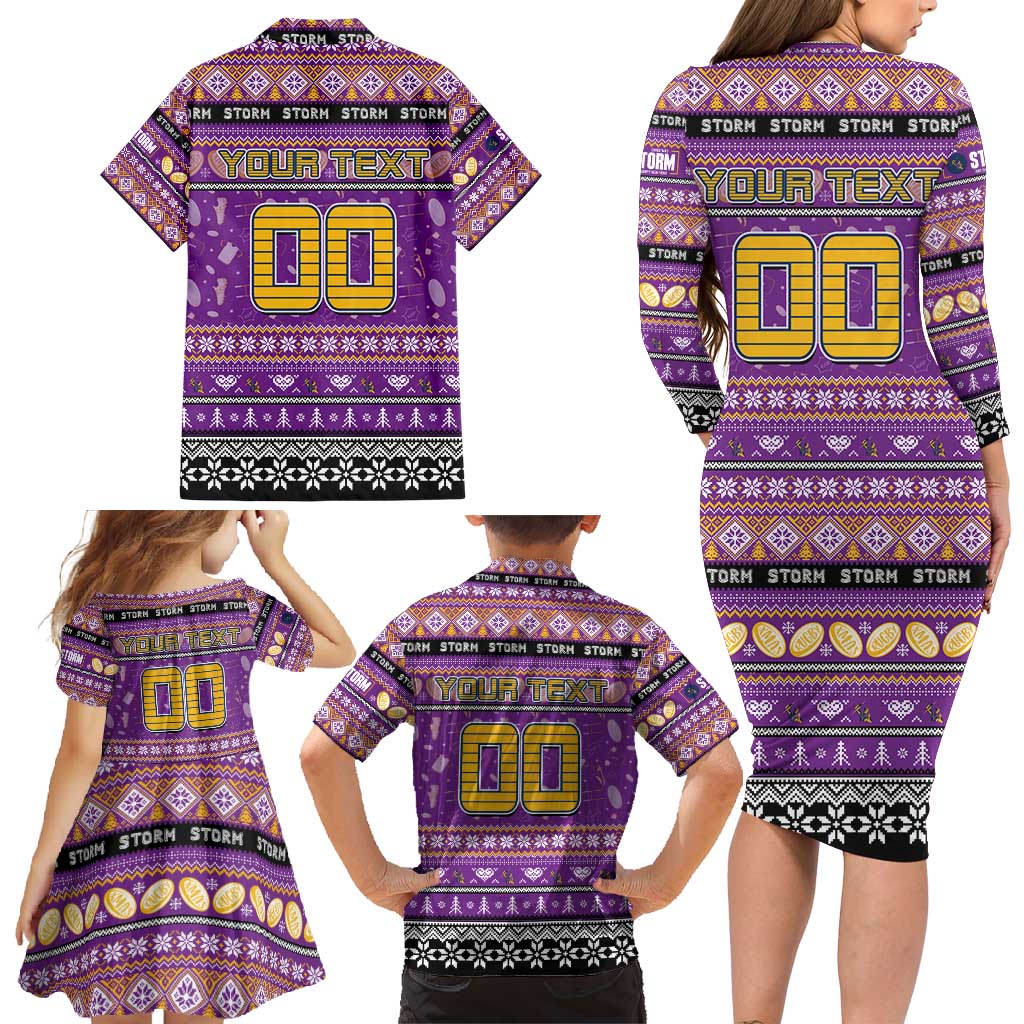 Personalized Storm Rugby Xmas Family Matching Long Sleeve Bodycon Dress and Hawaiian Shirt Australia NRL Mascot