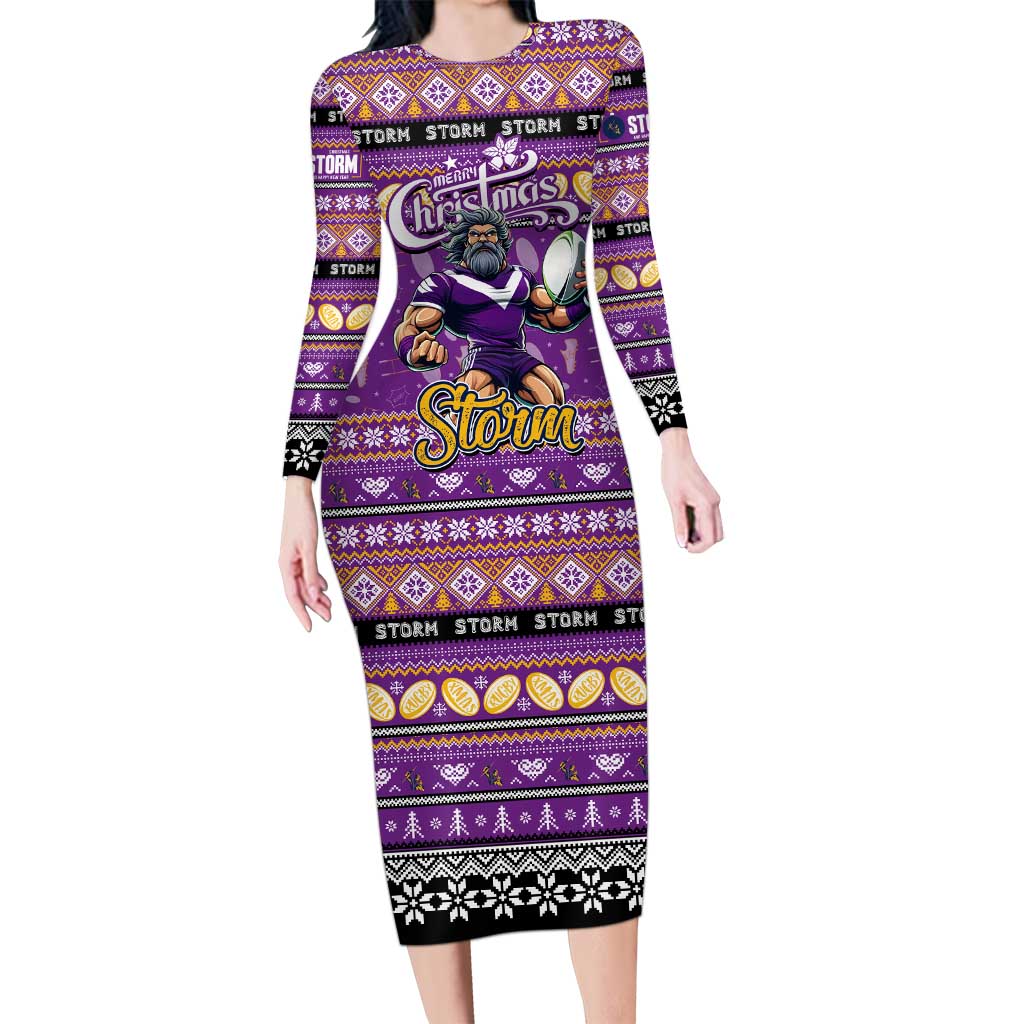 Personalized Storm Rugby Xmas Family Matching Long Sleeve Bodycon Dress and Hawaiian Shirt Australia NRL Mascot