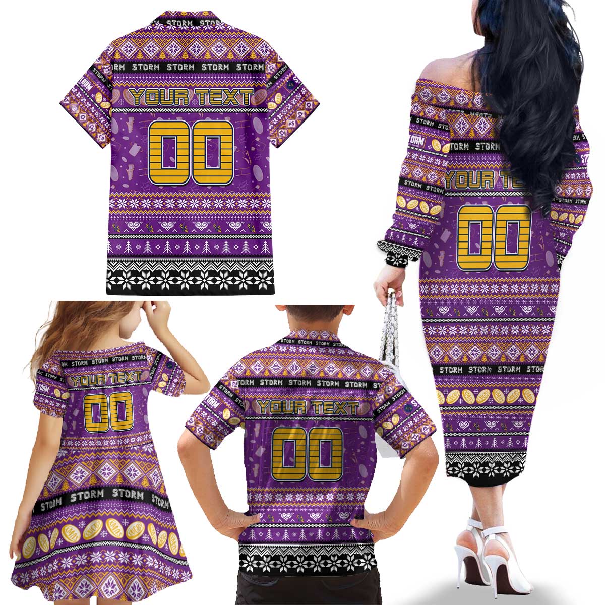 Personalized Storm Rugby Xmas Family Matching Off The Shoulder Long Sleeve Dress and Hawaiian Shirt Australia NRL Mascot