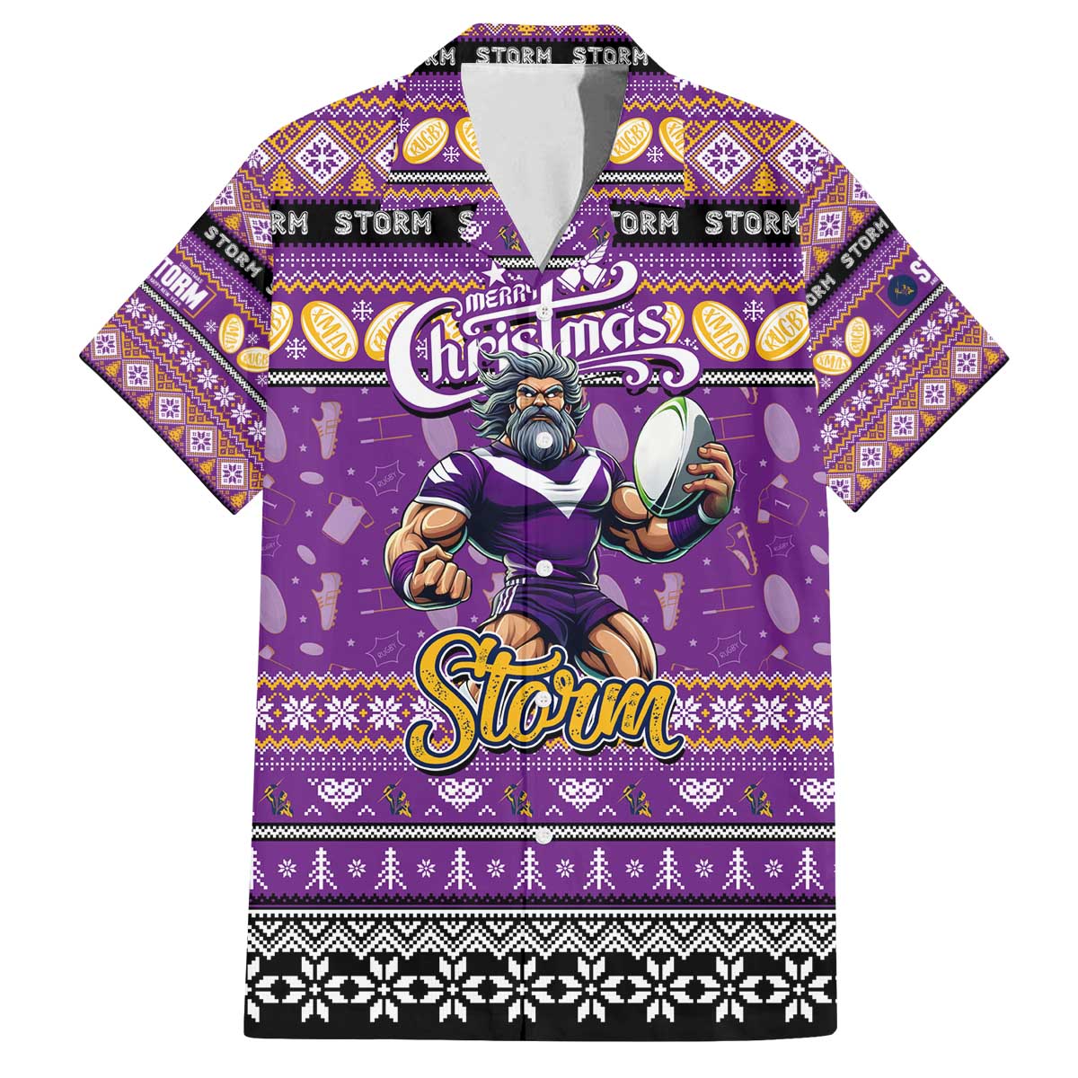 Personalized Storm Rugby Xmas Family Matching Off The Shoulder Long Sleeve Dress and Hawaiian Shirt Australia NRL Mascot