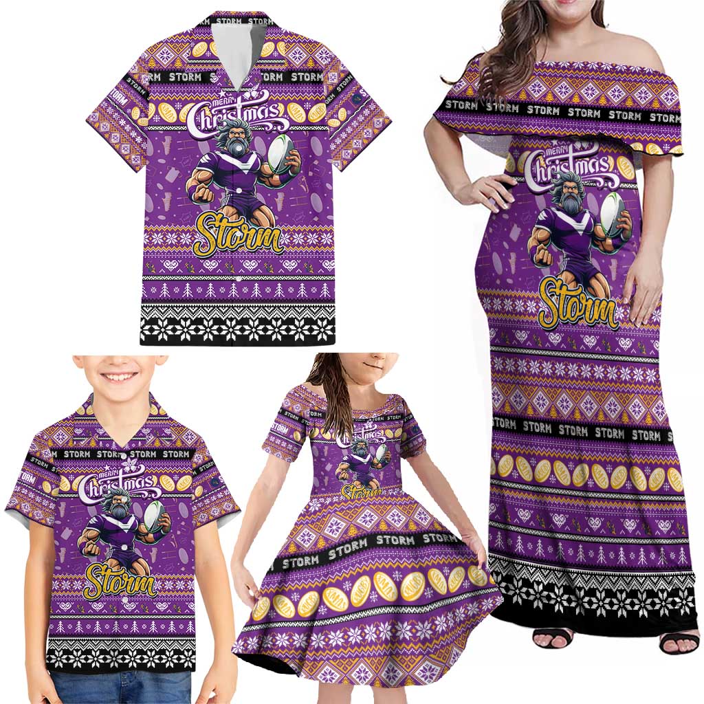 Personalized Storm Rugby Xmas Family Matching Off Shoulder Maxi Dress and Hawaiian Shirt Australia NRL Mascot