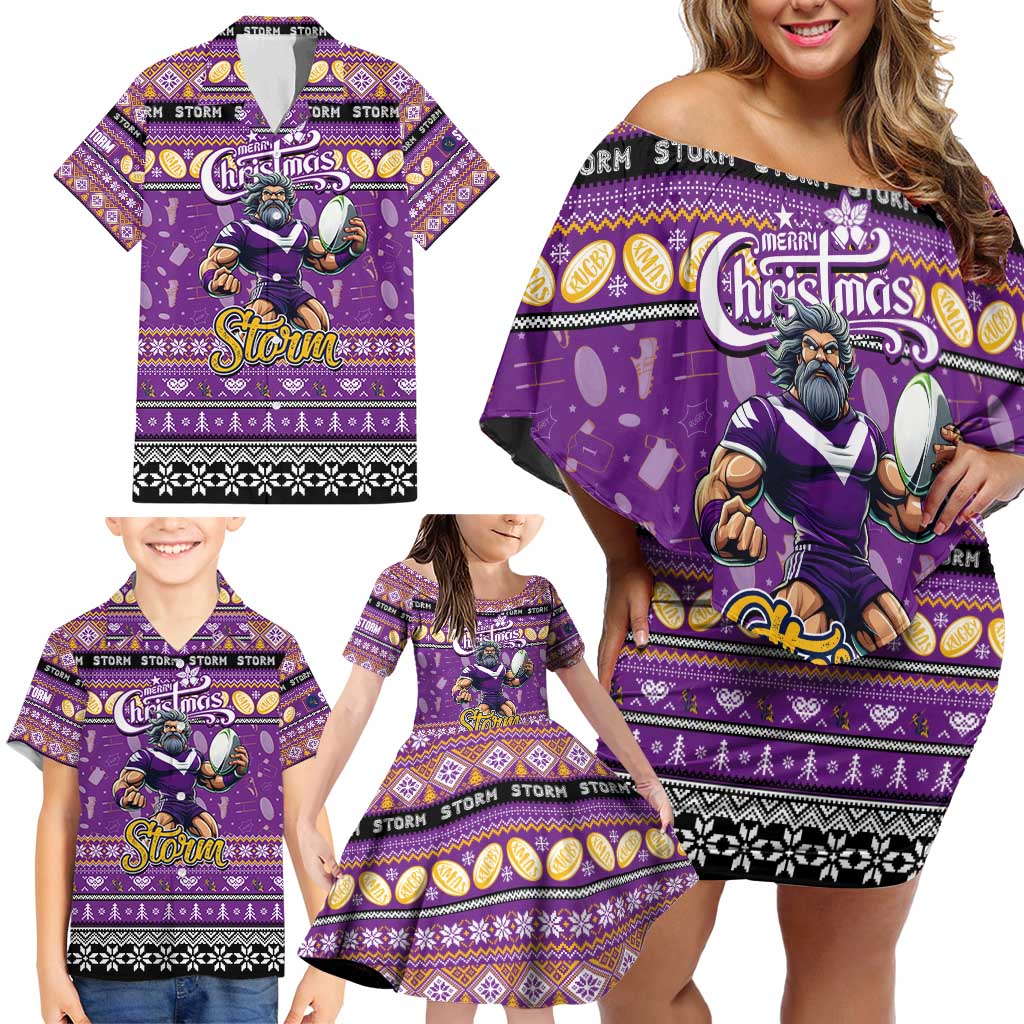 Personalized Storm Rugby Xmas Family Matching Off Shoulder Short Dress and Hawaiian Shirt Australia NRL Mascot