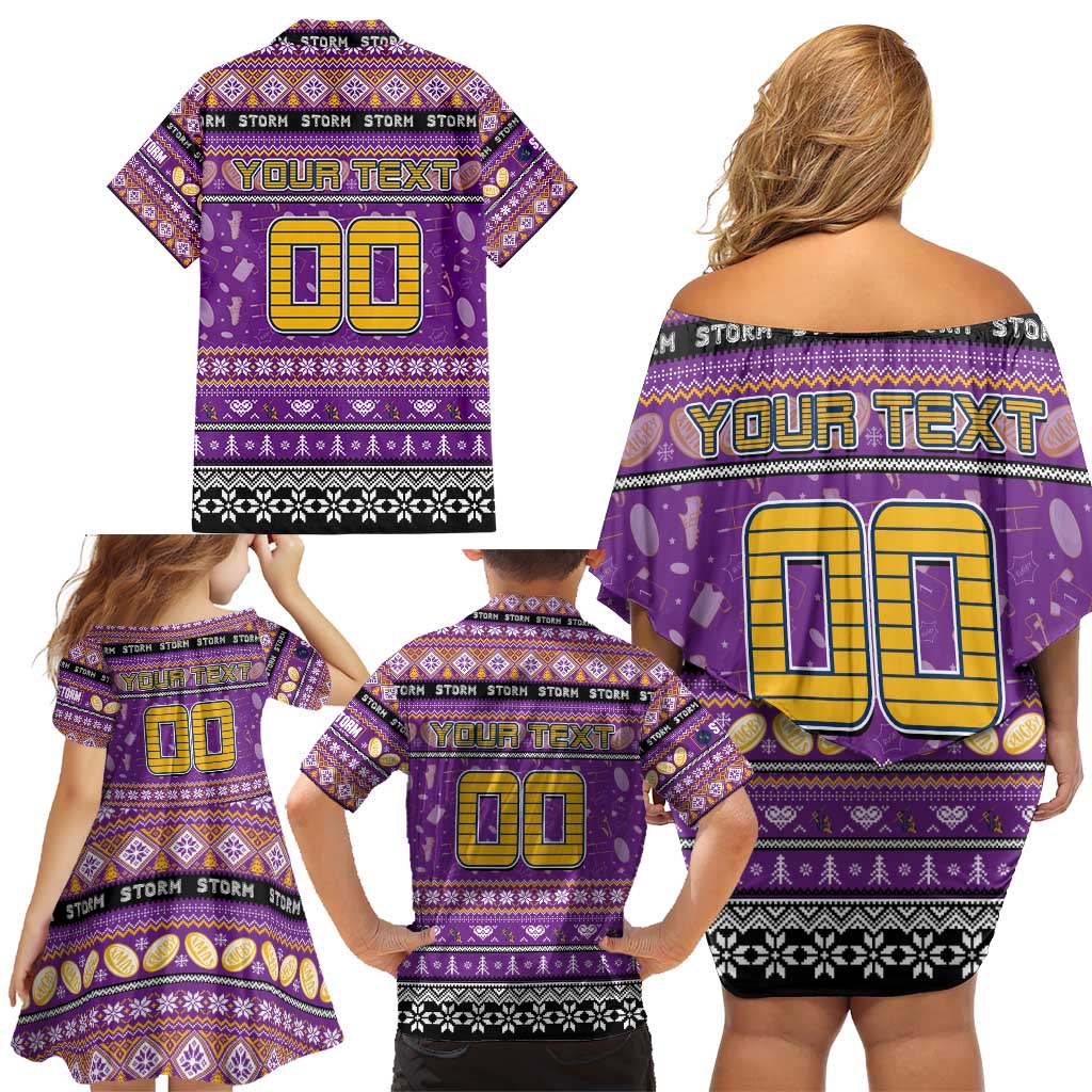 Personalized Storm Rugby Xmas Family Matching Off Shoulder Short Dress and Hawaiian Shirt Australia NRL Mascot