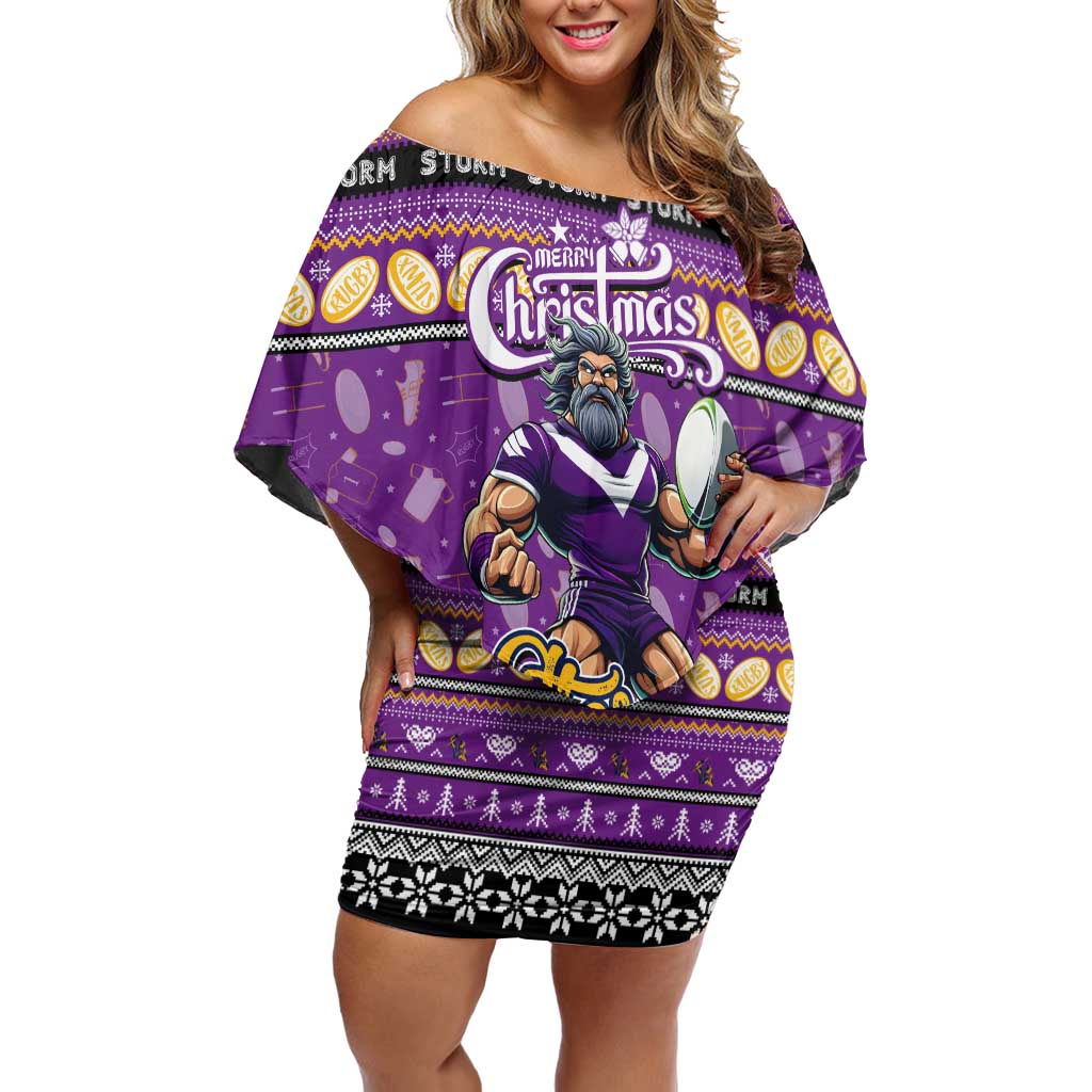 Personalized Storm Rugby Xmas Family Matching Off Shoulder Short Dress and Hawaiian Shirt Australia NRL Mascot