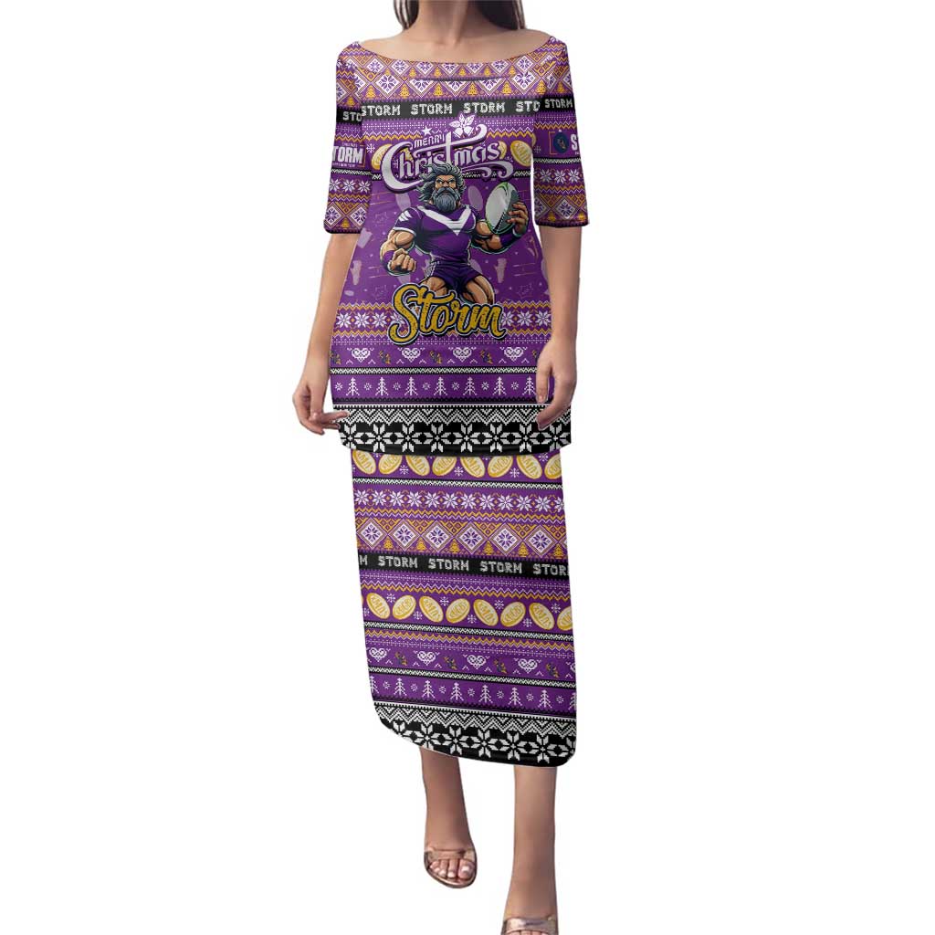 Personalized Storm Rugby Xmas Family Matching Puletasi and Hawaiian Shirt Australia NRL Mascot