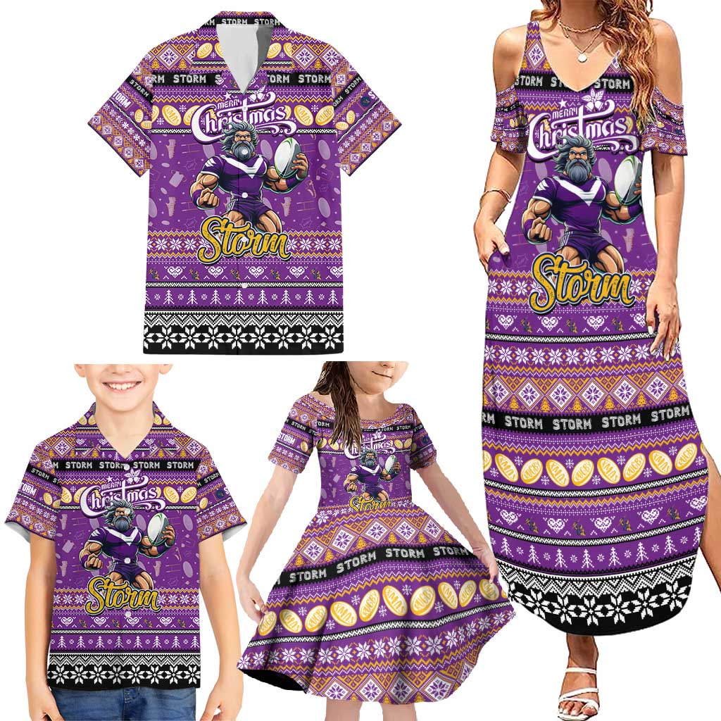 Personalized Storm Rugby Xmas Family Matching Summer Maxi Dress and Hawaiian Shirt Australia NRL Mascot