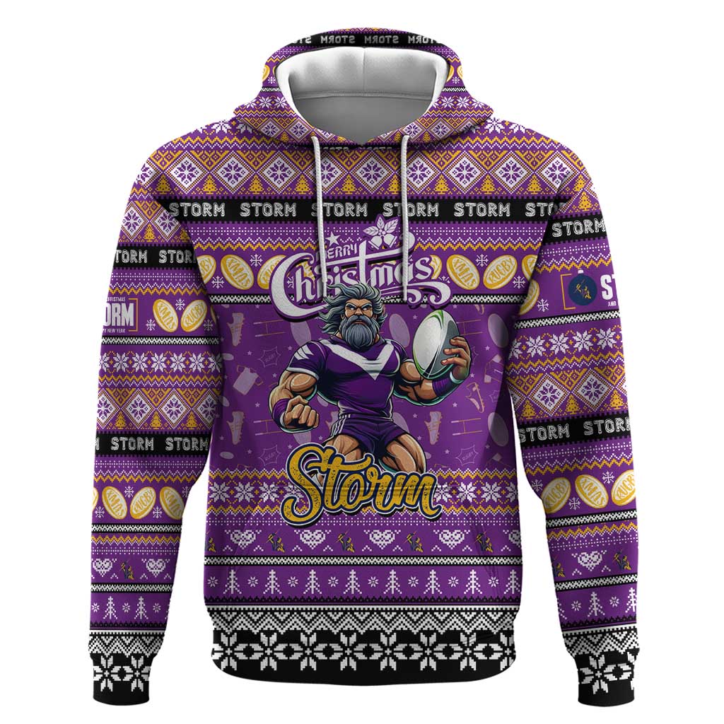 Personalized Storm Rugby Xmas Hoodie Australia NRL Mascot - Vibe Hoodie Shop