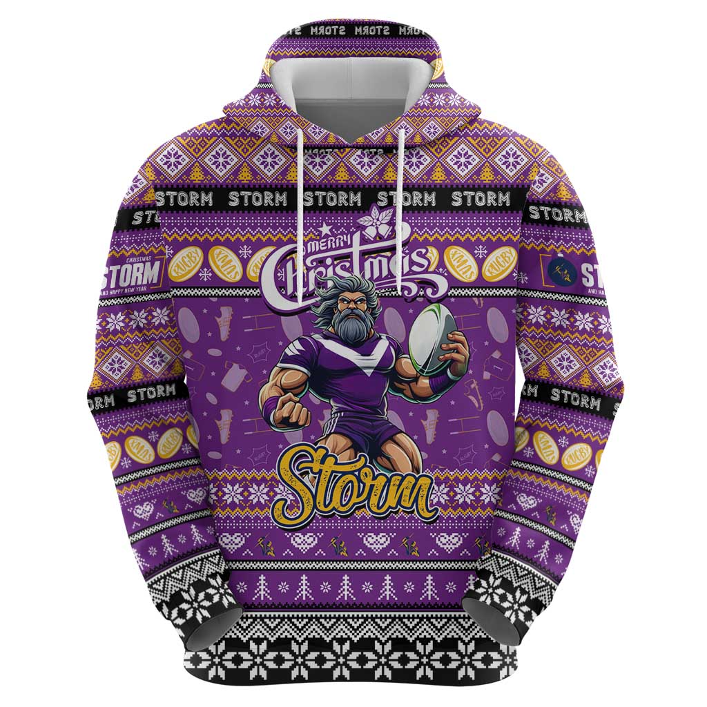 Personalized Storm Rugby Xmas Hoodie Australia NRL Mascot - Vibe Hoodie Shop
