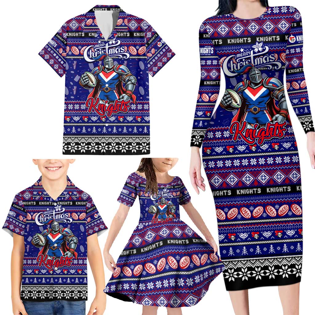 Personalized Knights Rugby Xmas Family Matching Long Sleeve Bodycon Dress and Hawaiian Shirt Australia NRL Mascot