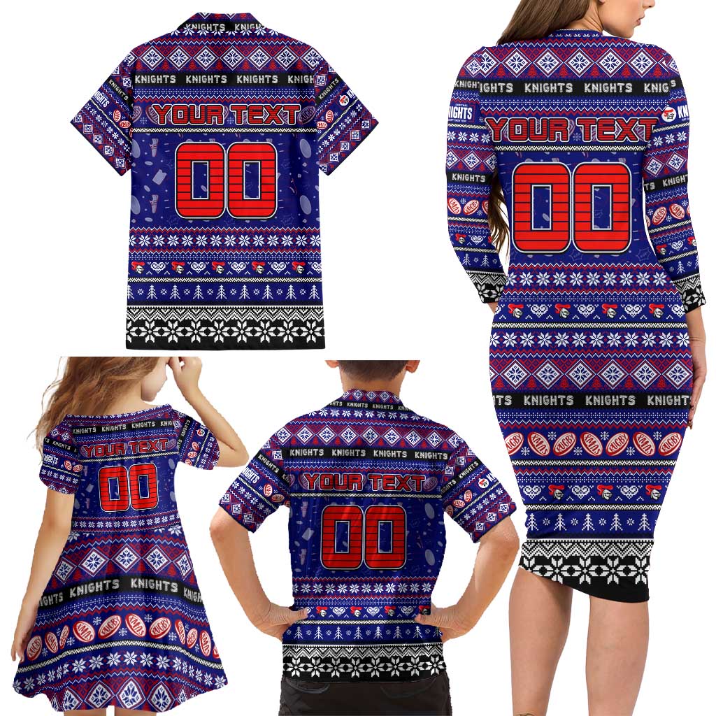 Personalized Knights Rugby Xmas Family Matching Long Sleeve Bodycon Dress and Hawaiian Shirt Australia NRL Mascot