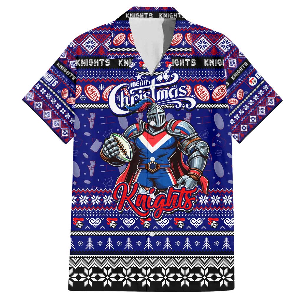 Personalized Knights Rugby Xmas Family Matching Long Sleeve Bodycon Dress and Hawaiian Shirt Australia NRL Mascot